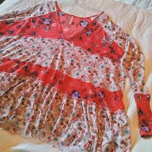 Free People Isabelle Floral Tunic Red and White Blouse